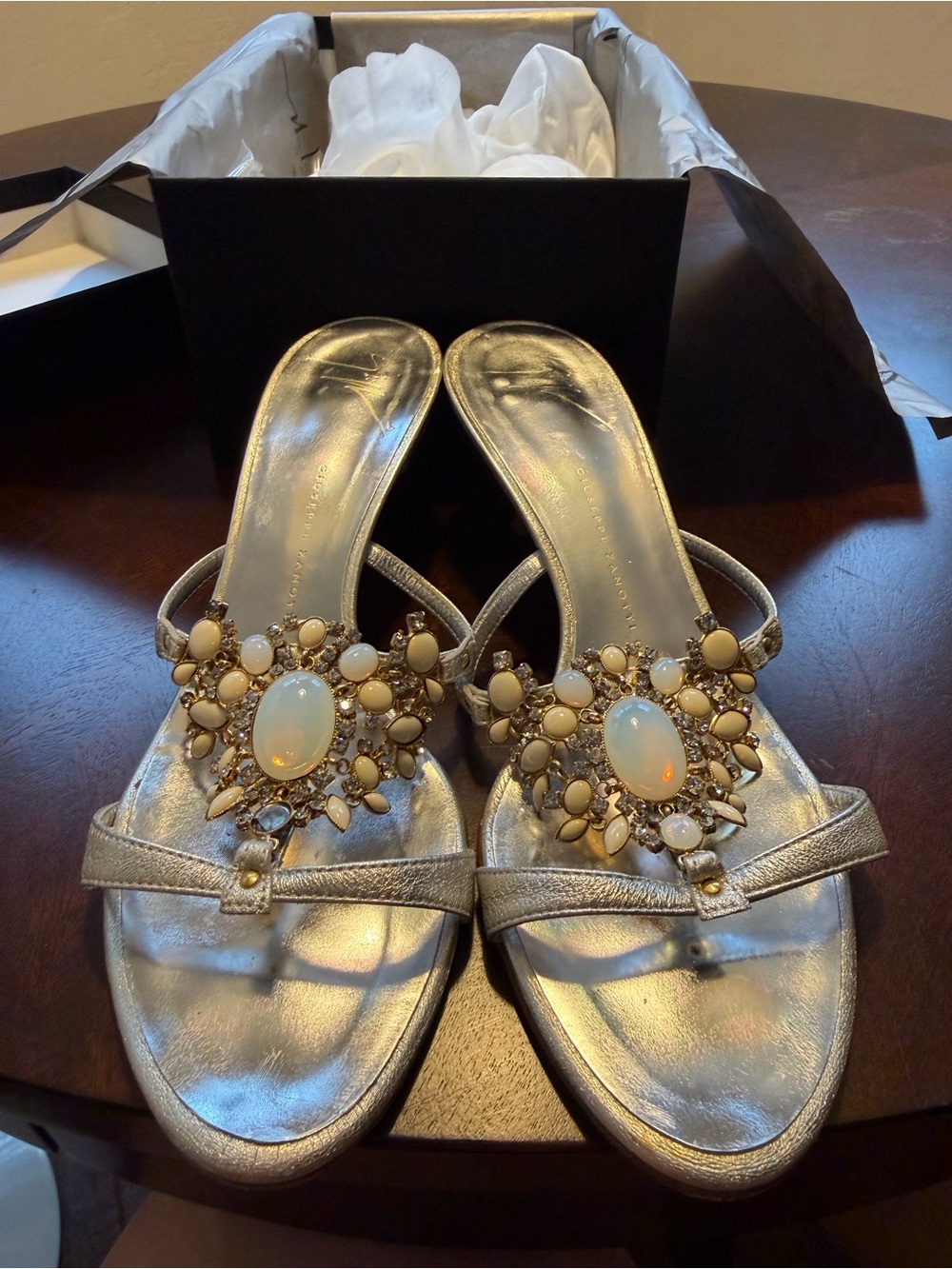 Giuseppe Zanotti Taz 70 Bahamas Silver Jeweled Opal Sandals - Like New